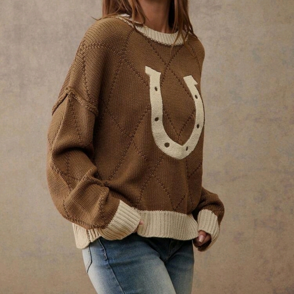 NEW WOMENS DIAMOND STITCH CREWNECK HORSESHOE EMBROIDERED PULLOVER KNIT SWEATER - Picture 4 of 5